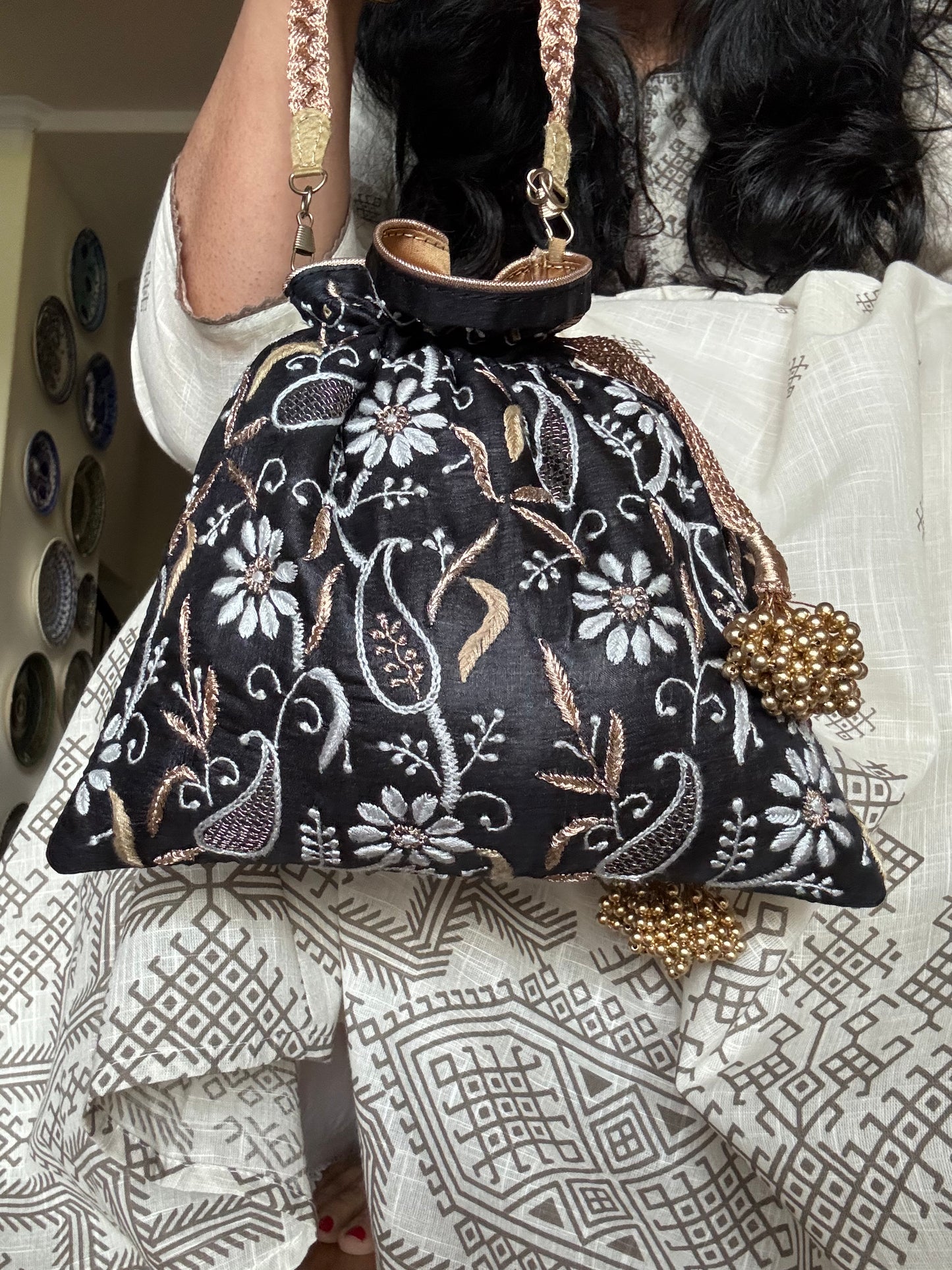 Silk Hand Bag ( Batua ) with hand Chikankari Embroidery