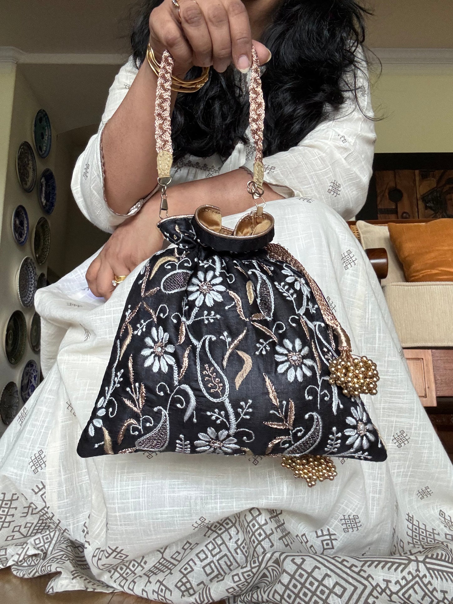 Silk Hand Bag ( Batua ) with hand Chikankari Embroidery