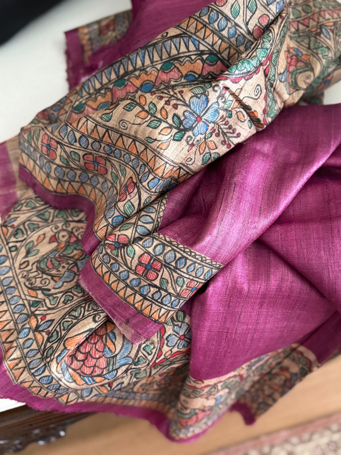 Hand painted Madhubani silk saree