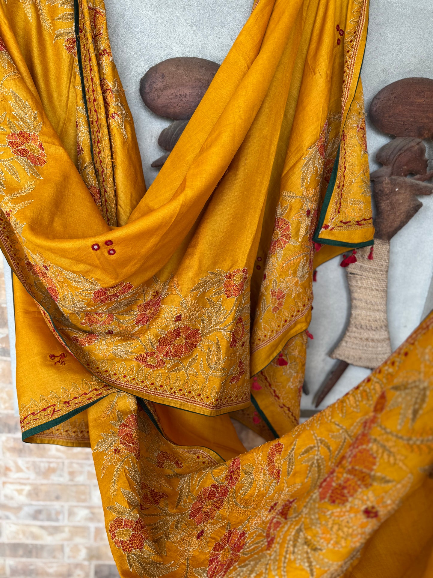 HALDI - TUSSAR SILK SAREE WITH KANTHA HAND EMBROIDERY