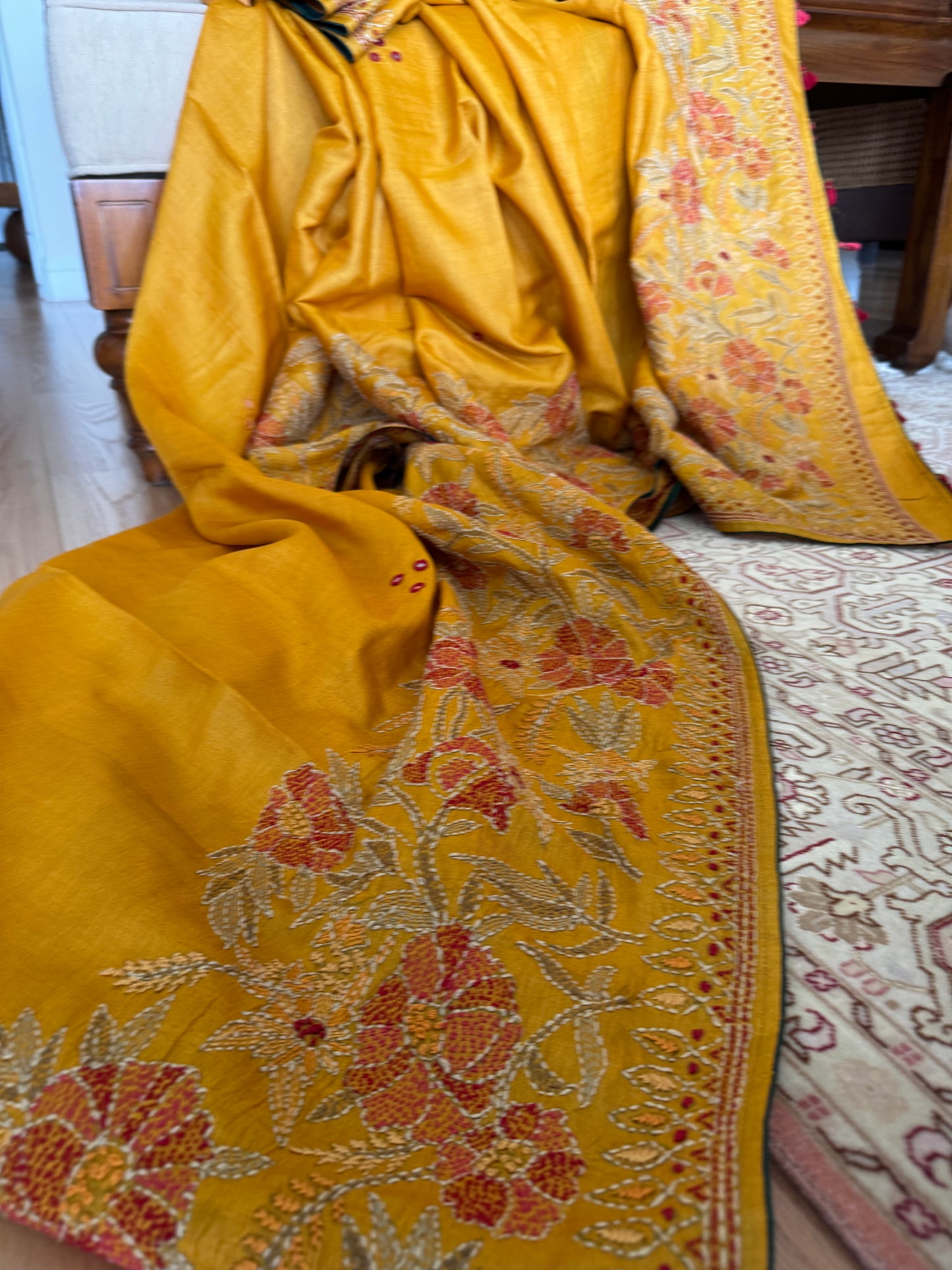 HALDI - TUSSAR SILK SAREE WITH KANTHA HAND EMBROIDERY