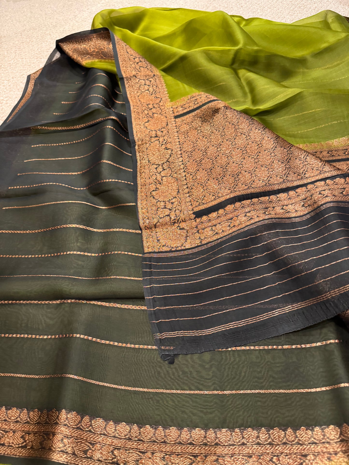 Handwoven Banarasi Kora ( organza ) silk saree- Mehendi