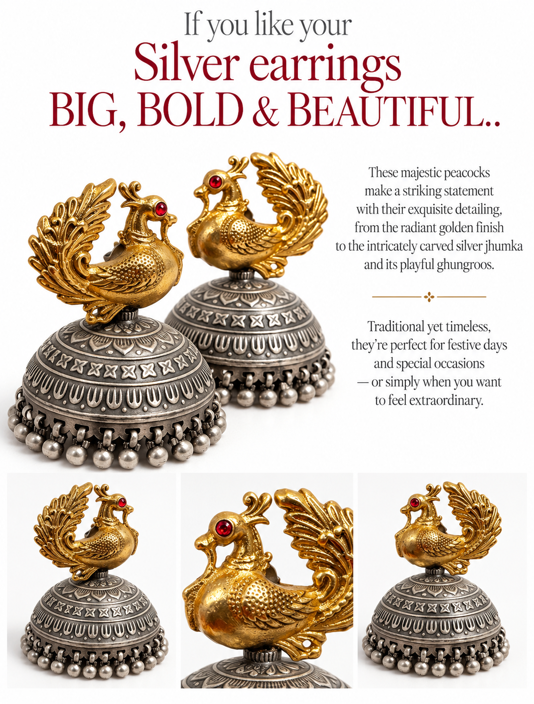 SOUNDARYA- dual toned 925 Peacock silver jhumkas