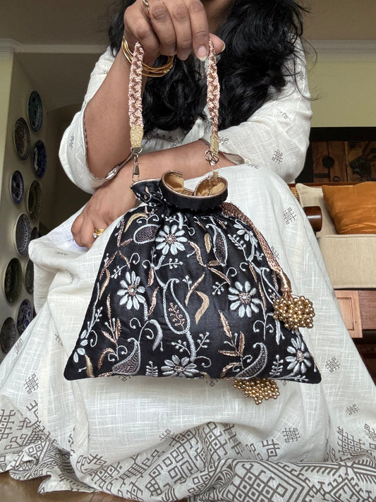 Silk Hand Bag ( Batua ) with hand Chikankari Embroidery