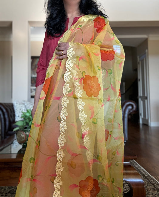 Radiant Yellow Dupatta with Floral Accents and Gota Patti Detailing
