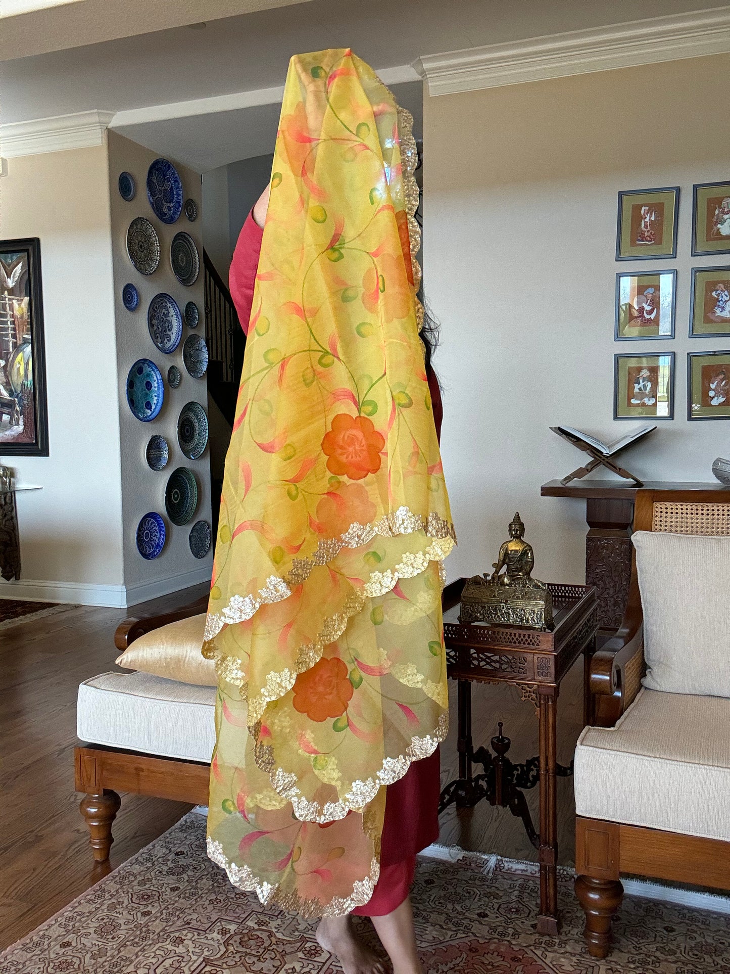Radiant Yellow Dupatta with Floral Accents and Gota Patti Detailing