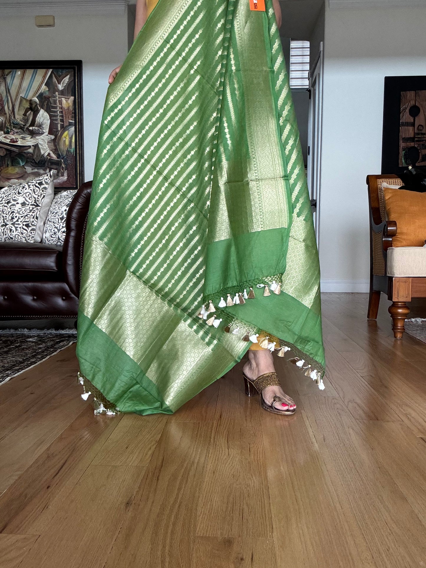 Handwoven Silkcotton Banarasi Green dupatta
