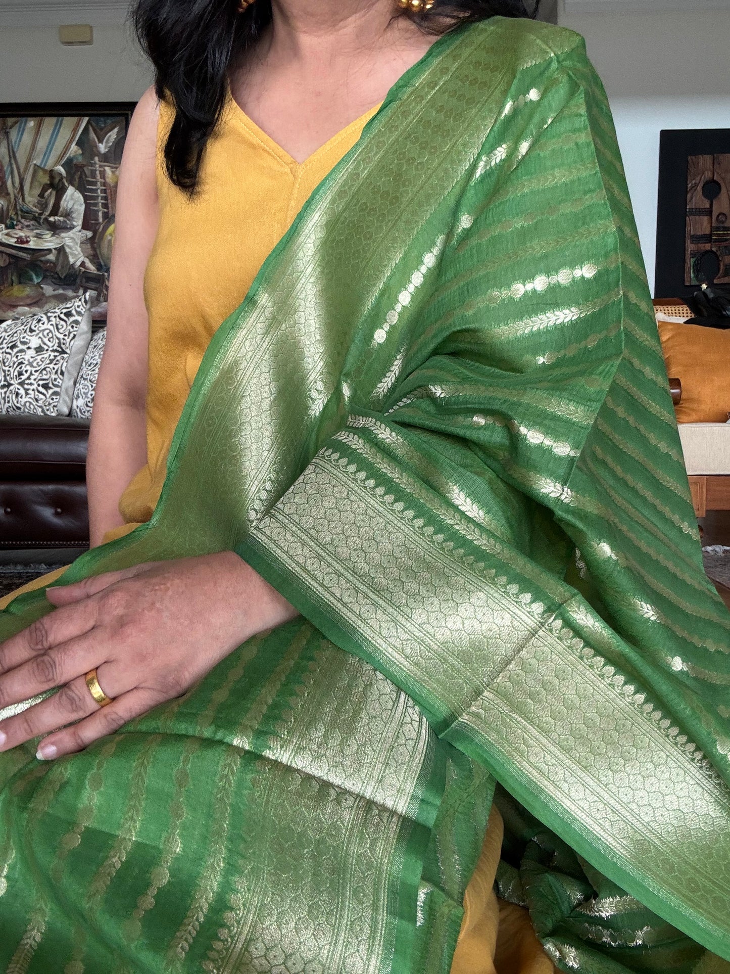 Handwoven Silkcotton Banarasi Green dupatta