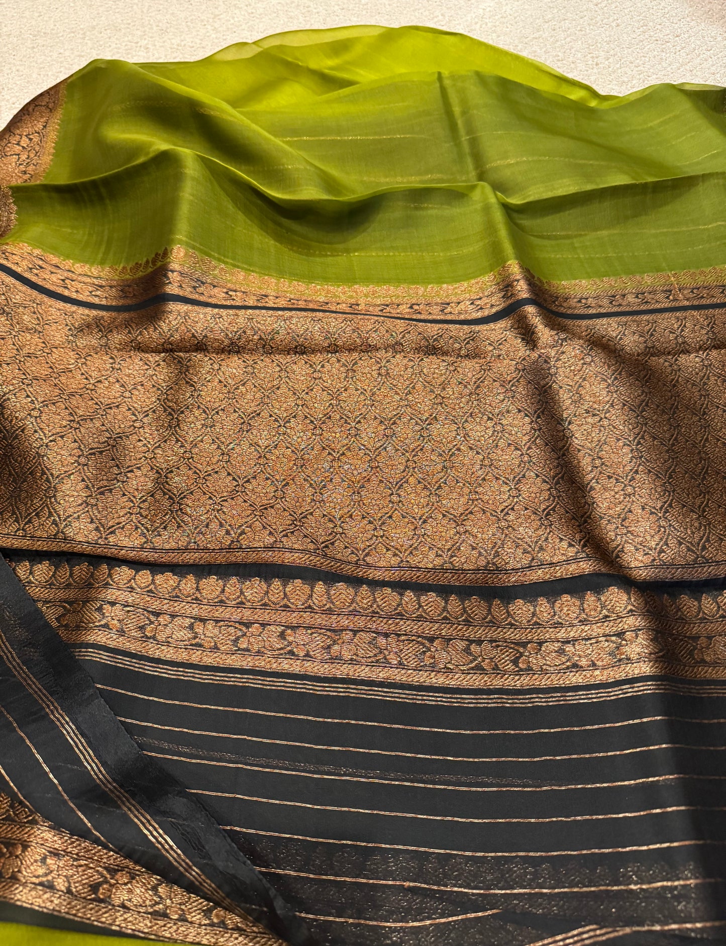 Handwoven Banarasi Kora ( organza ) silk saree- Mehendi