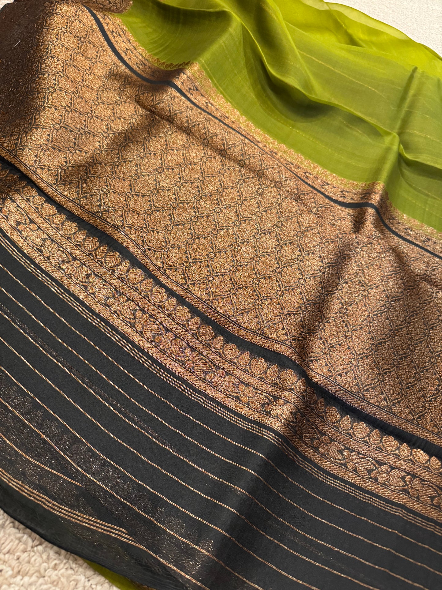 Handwoven Banarasi Kora ( organza ) silk saree- Mehendi