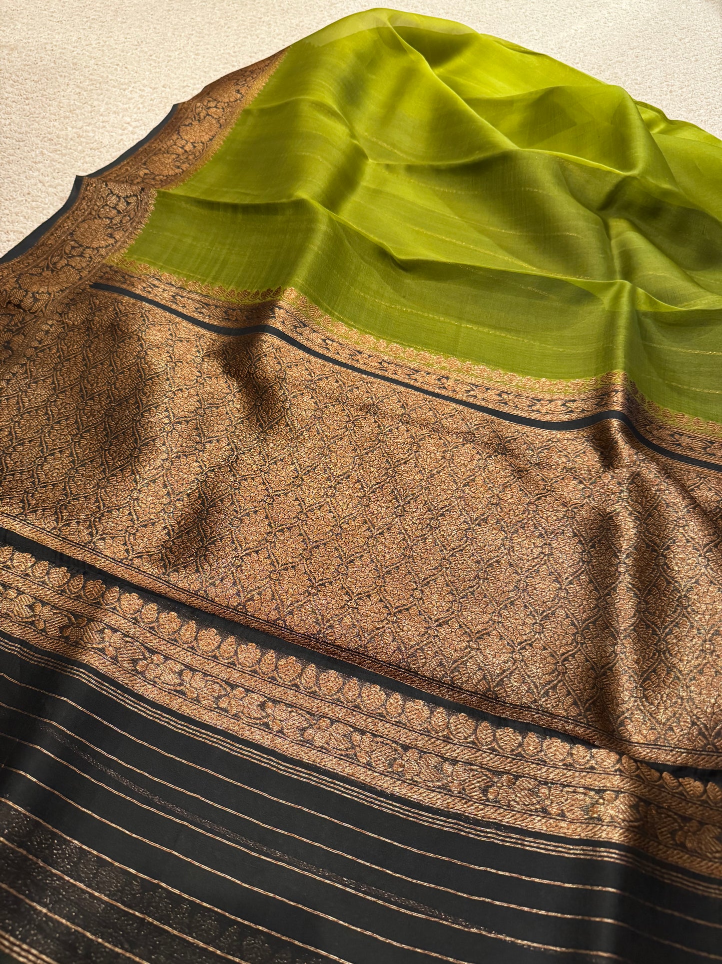 Handwoven Banarasi Kora ( organza ) silk saree- Mehendi