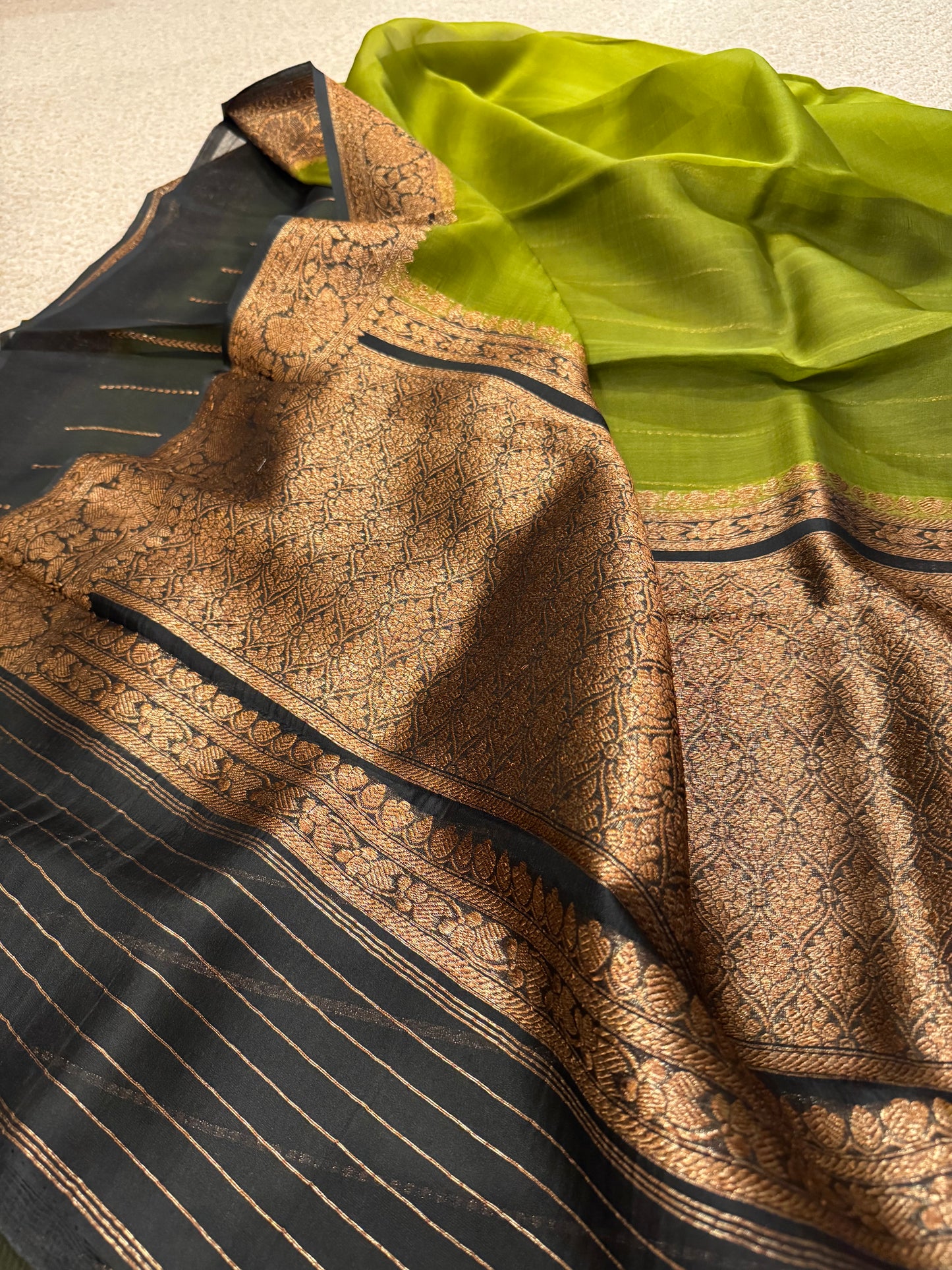 Handwoven Banarasi Kora ( organza ) silk saree- Mehendi