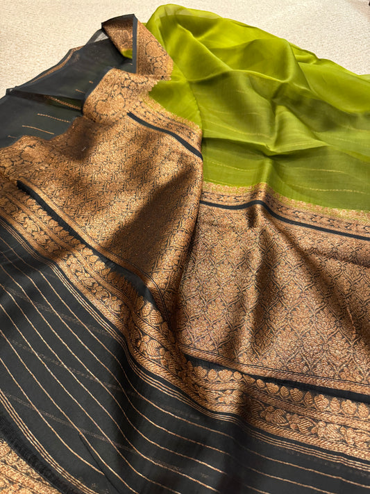 Handwoven Banarasi Kora ( organza ) silk saree- Mehendi