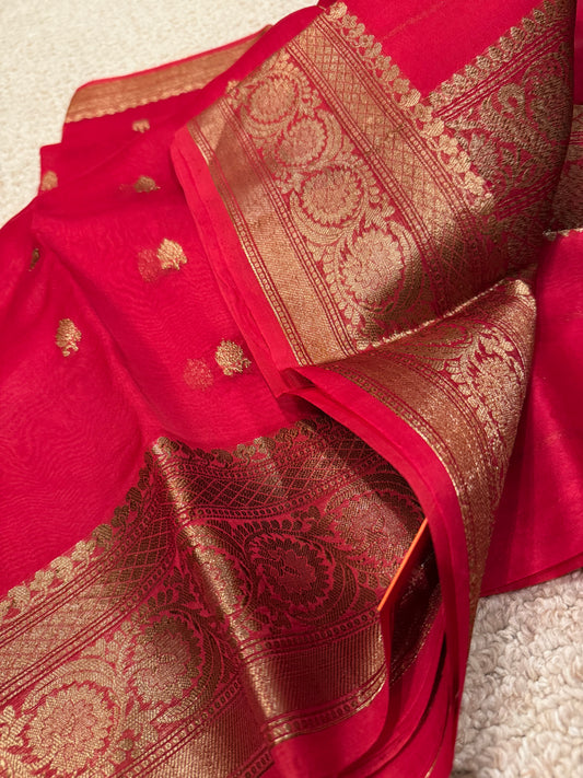 Handwoven Red Kora silk ( Organaza) Banarasi saree
